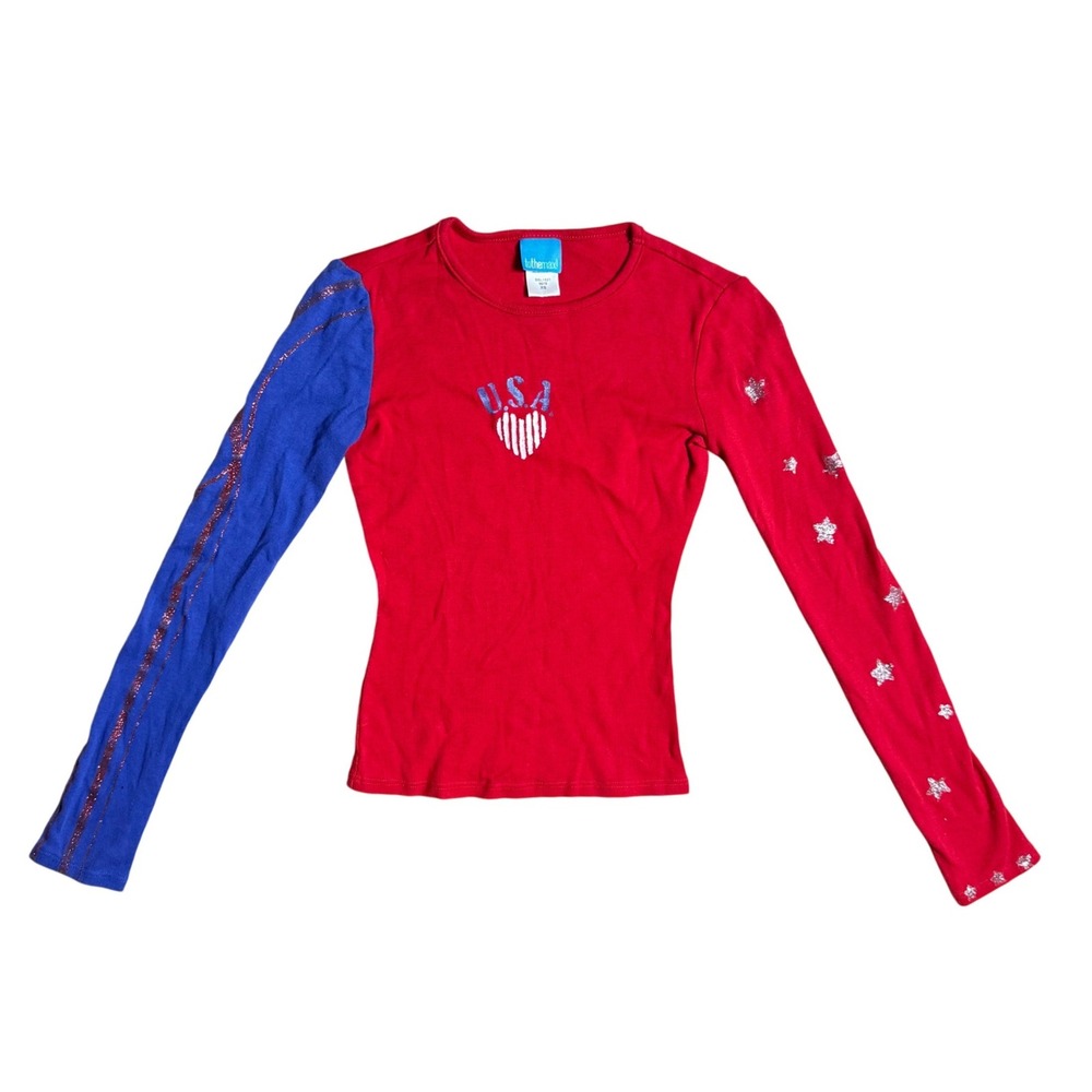 USA Heart Glitter Stars Red Blue Long Sleeve Top